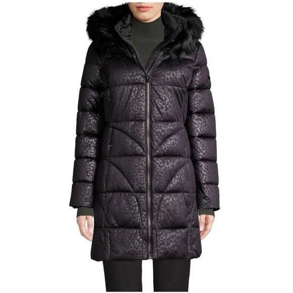 NEW-VIA Spiga Faux Fur-Trim Hooded Puffer Coat LG - Picture 1 of 8
